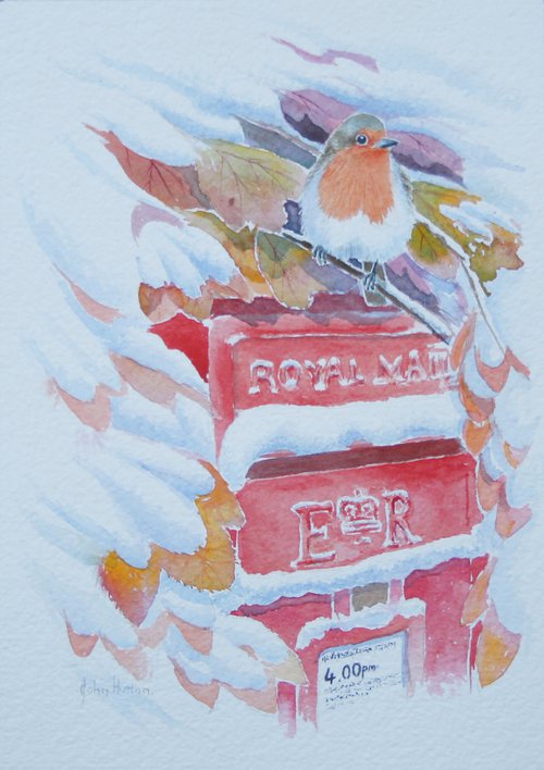 Winter robin and post box by John Horton