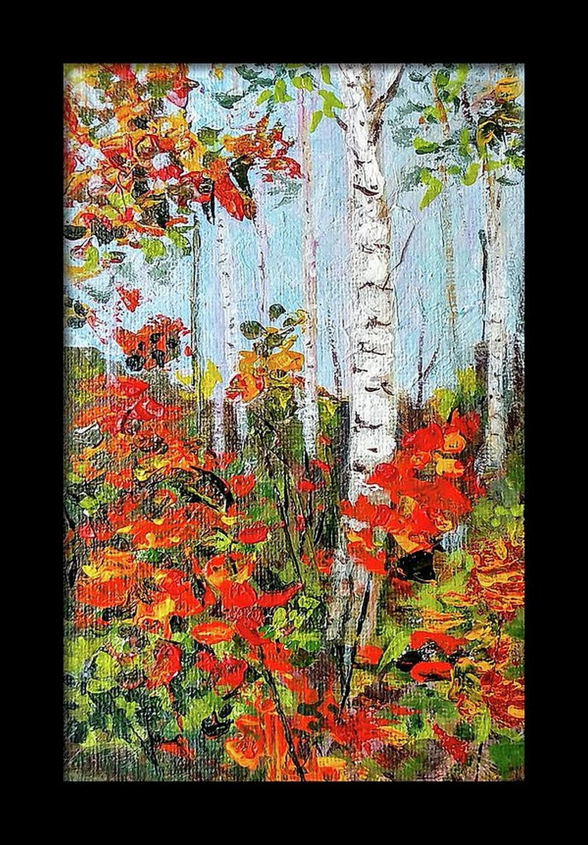 Aspen trees and Autumn Miniature liGHt landscape painting of (4x 6) acrylic on canvas by Asha Shenoy
