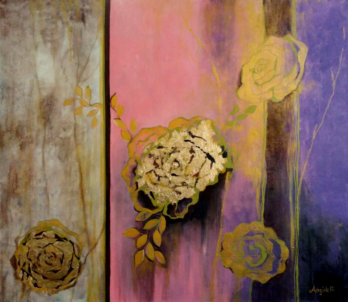 Golden roses - original painting-abstract painting by Anna Rita Angiolelli