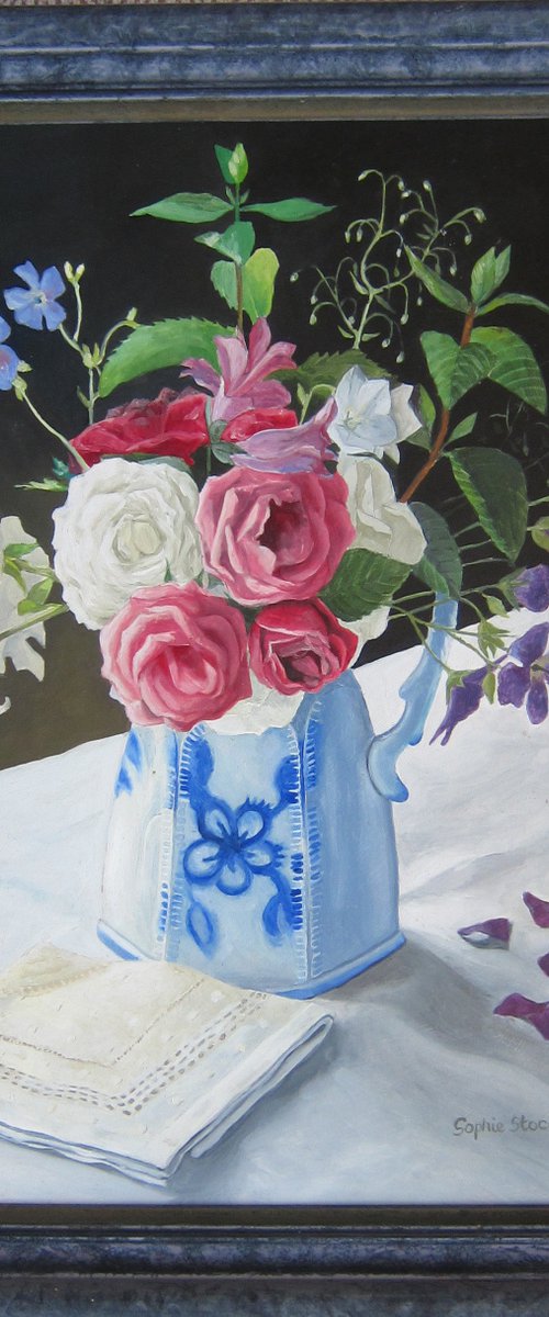 Roses in Blue and White Jug by Sophie Colmer-Stocker