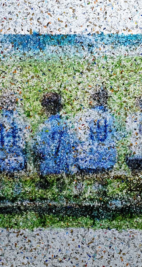 We will play (n.504) - "I love football" series - Acrylic painting on shredded paper on wood by Alessio Mazzarulli