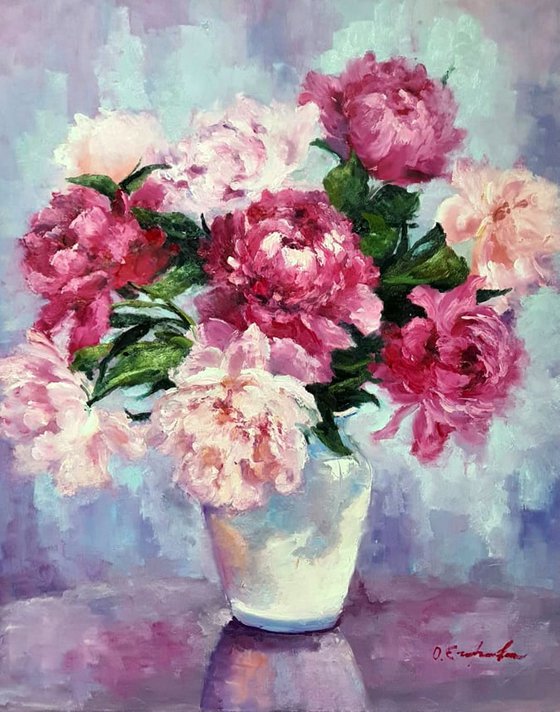 Peonies in white vase