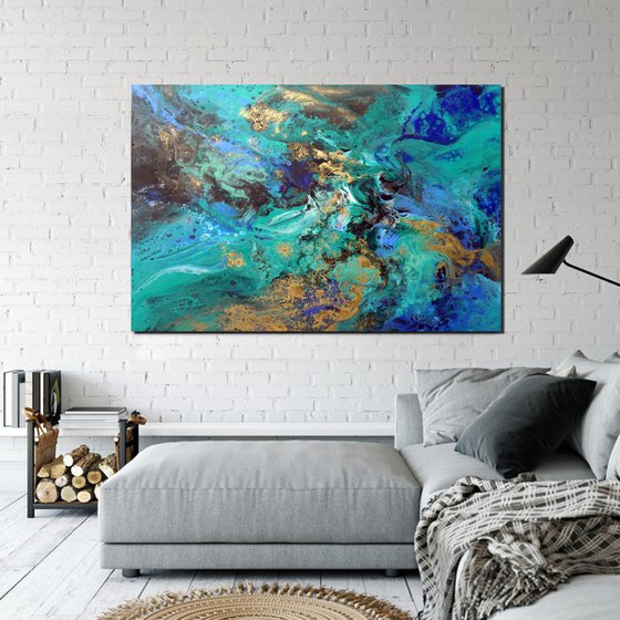 Modern abstract art blue green gold metallic painting ocean colors - Shimmer of the ocean