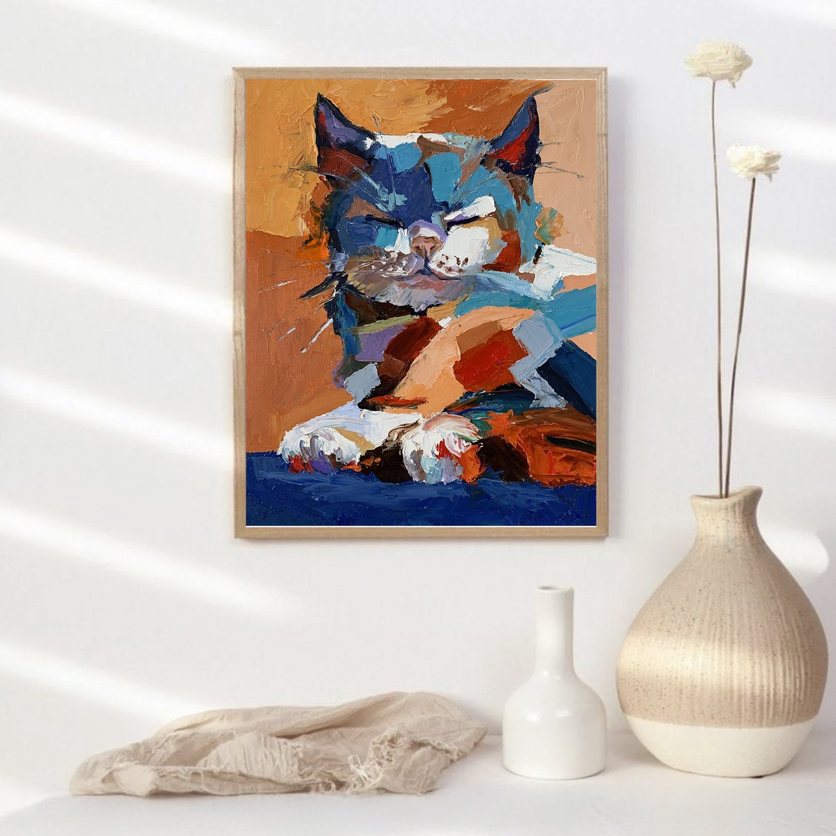 Impressionistic Animal Oil Painting By Vita Schagen, 9 X 12", Colorful Cat Portrait., Original Artwork