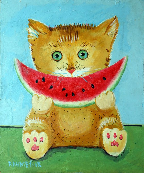 A CAT NAMED SLICE, AND A SLICE OF WATERMELON.