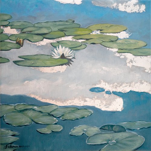 WATER LILIES, NO. 2 | ORIGINAL OIL SILVER LEAF PAINTING CANVAS by Uwe Fehrmann