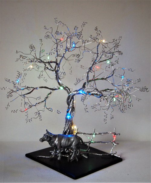 Tree with Cow, fence and lights by Steph Morgan
