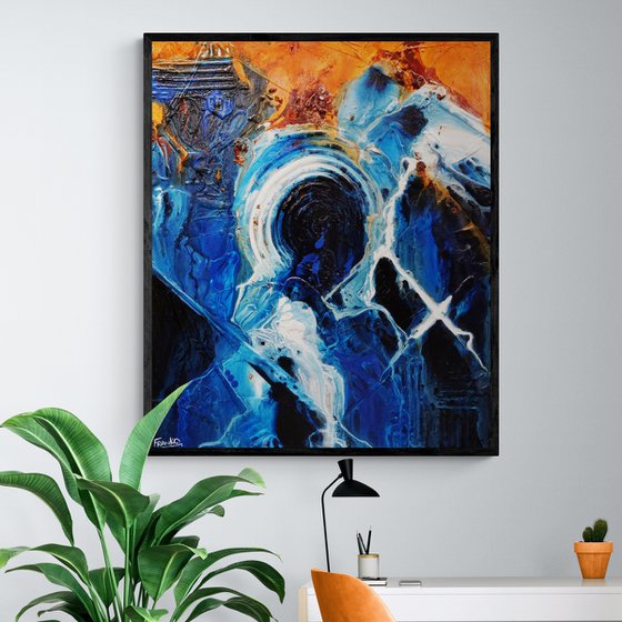 Leather and Sapphires 120cm x 100cm Blue Orange Textured Abstract Art