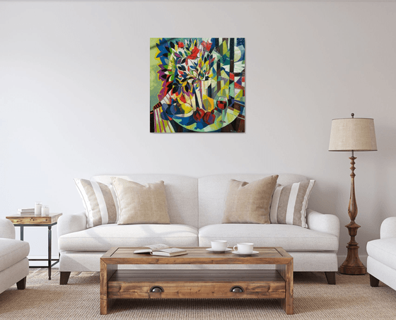 Still life with wine and pomegranates (80x80cm, cubism, oil painting, ready to hang)