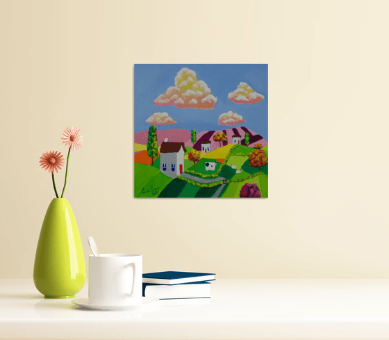 Little houses folk art oil painting on panel
