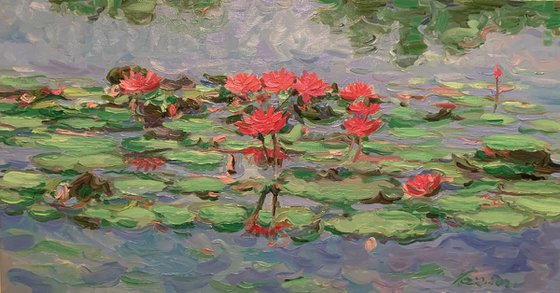 WATER LILY POND - Landscape with rose waterlily - oil painting - small size