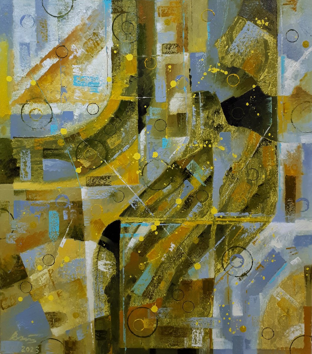 Abstract Oil Painting By Serhii Voichenko, 28 X 32", Green Line, Original Artwork