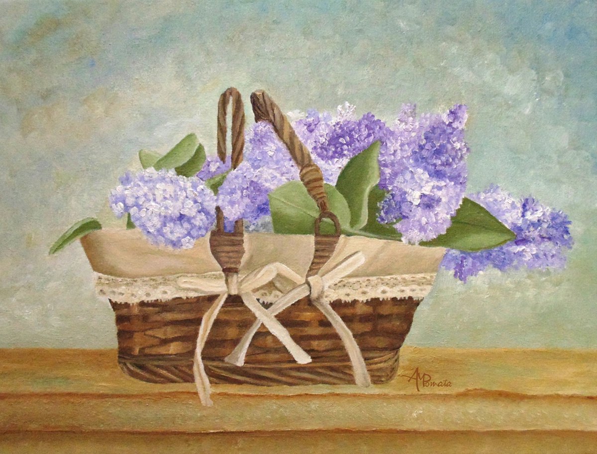 Naive Oil Painting , Basket Of Lilacs By Angeles M. Pomata, 14 X 11, Artwork For Sale On Artfinder