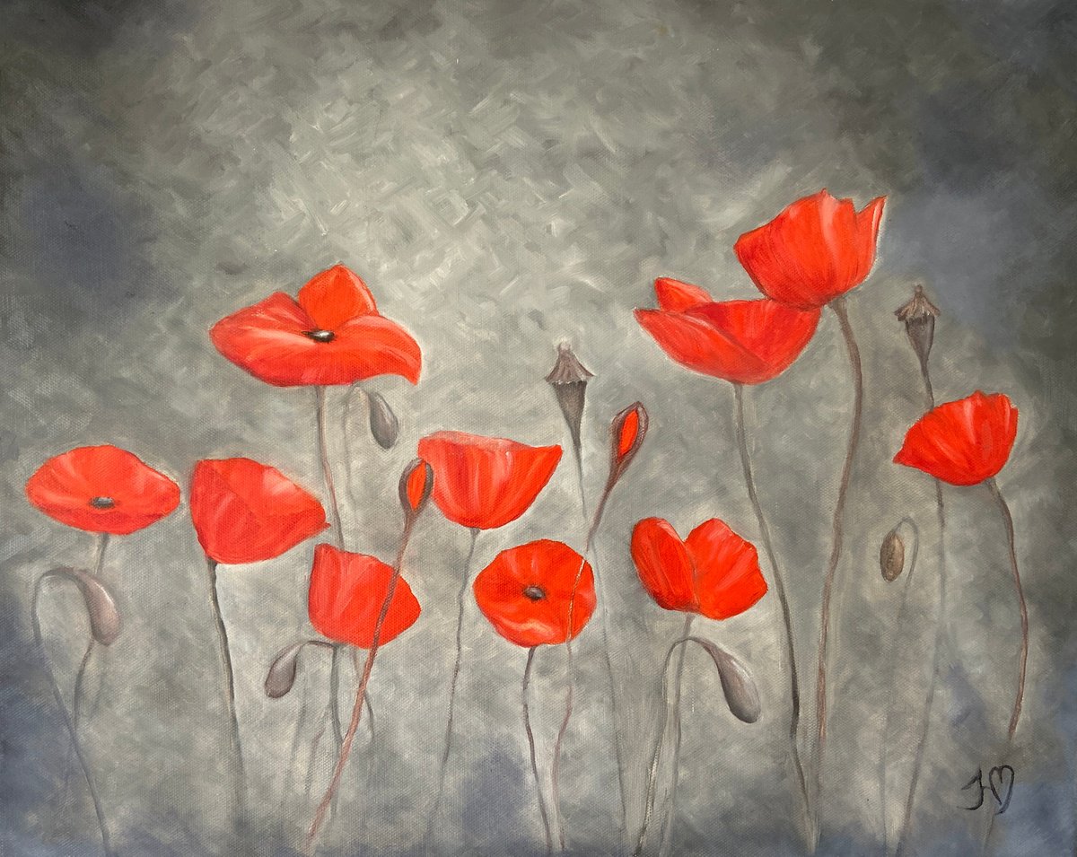 Impressionistic Botanical Oil Painting By Heather Matthews, 20 X 16, Contemporary Poppies, Original Artwork