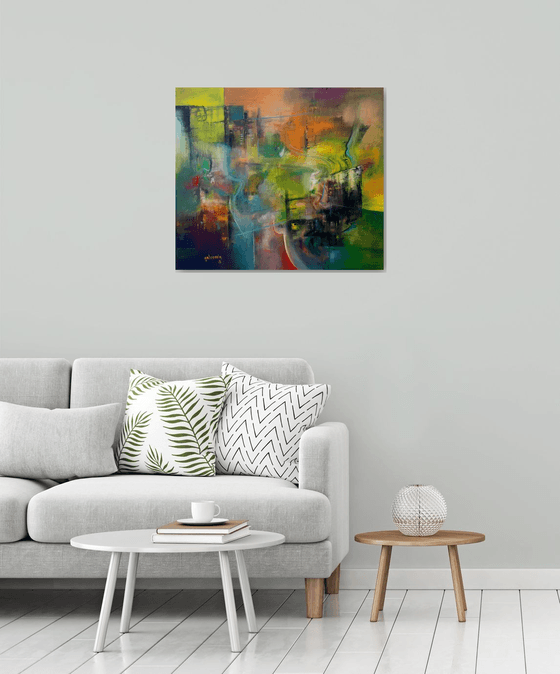 Immaterial Landscape, Home painting, Colorful art, Abstract Landscape, Blue green orange colorful oil on canvas