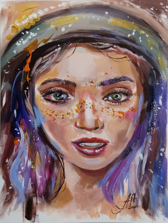 Colorful portrait with a girl. Original oil painting