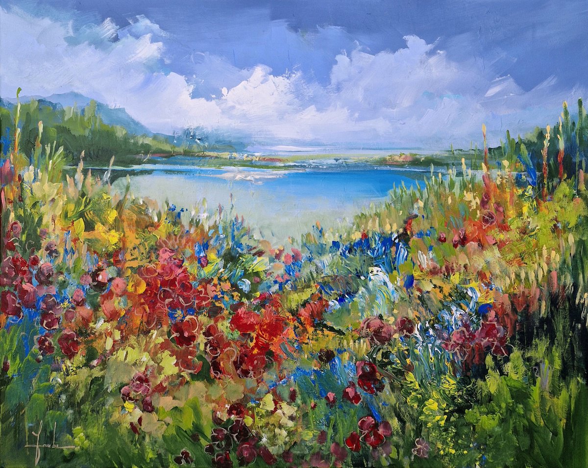 Impressionistic Landscape Acrylic Painting By Irina Laube, 39 X 31, Blooming Summer, Original Artwork