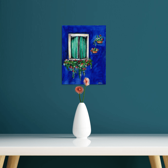 Green and white Window with Flowers