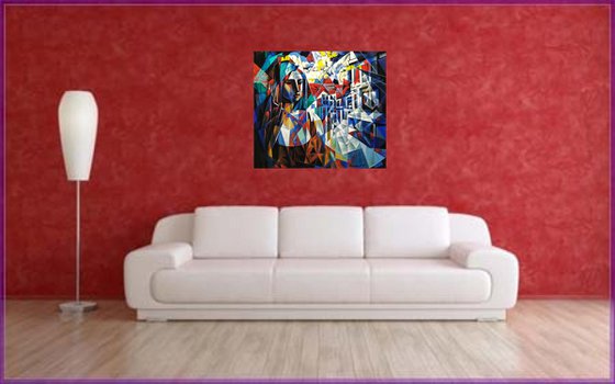 Waiting (90x80cm, cubism, oil painting, ready to hang)