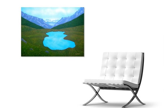 LAND OF DREAMS - GIFT IDEAS; HOME, OFFICE DECOR;  LARGE LANDSCAPE MOUNTAIN LAKE FOG AND MIST SPECTACULAR VIEW