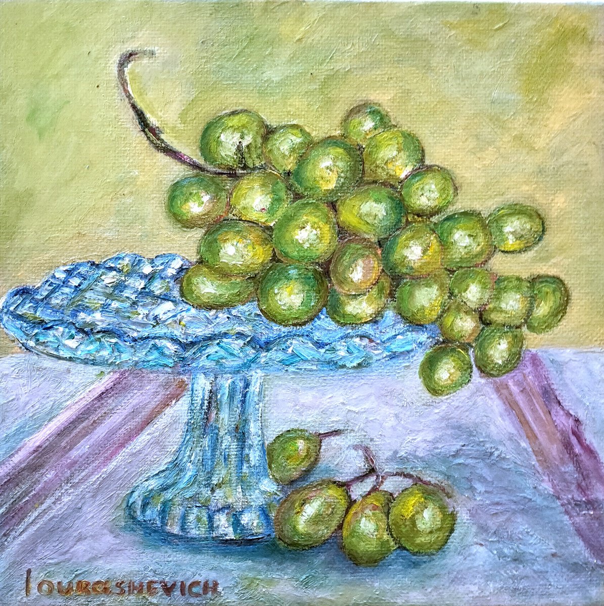 Still Life with Green Grapes Original Oil on Canvas Board Painting 20x20cm/8x8 in by Katia Ricci