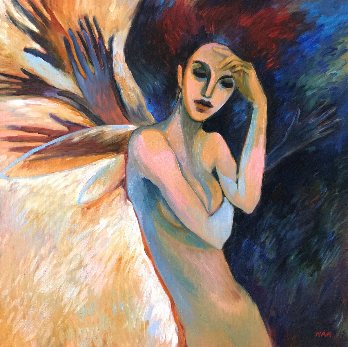 A MOMENT OF ONE THOUGHT - expressive colored oil painting with a fantasy woman with hands... by Irene Makarova