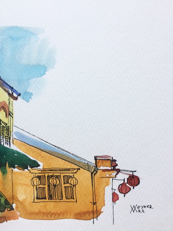 Hoi An. A city in Vietnam. Watercolor cityscape.