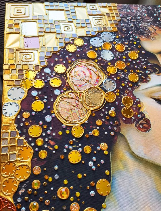 Love original painting. Golden decorative artwork with gold leaf. Gift for woman \ wife