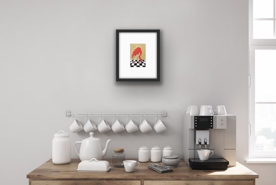Bird portrait of a flamingo on a chessboard, gift idea for bird lover