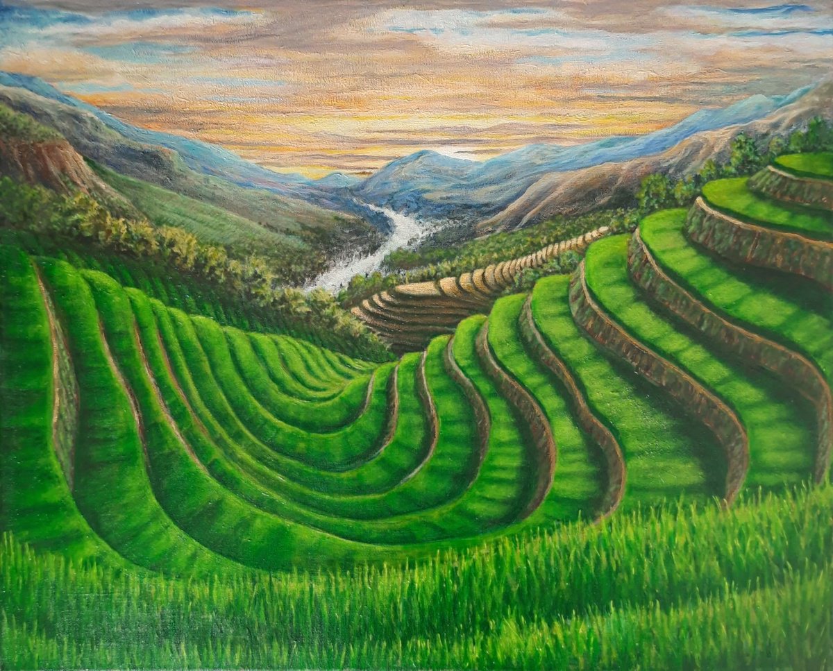 Photorealistic Landscape Acrylic Painting By John Howes, 24 X 20, Sunrise Over Sapa, Original Artwork