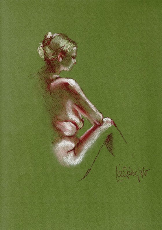 Georgie - female nude - side view - green background