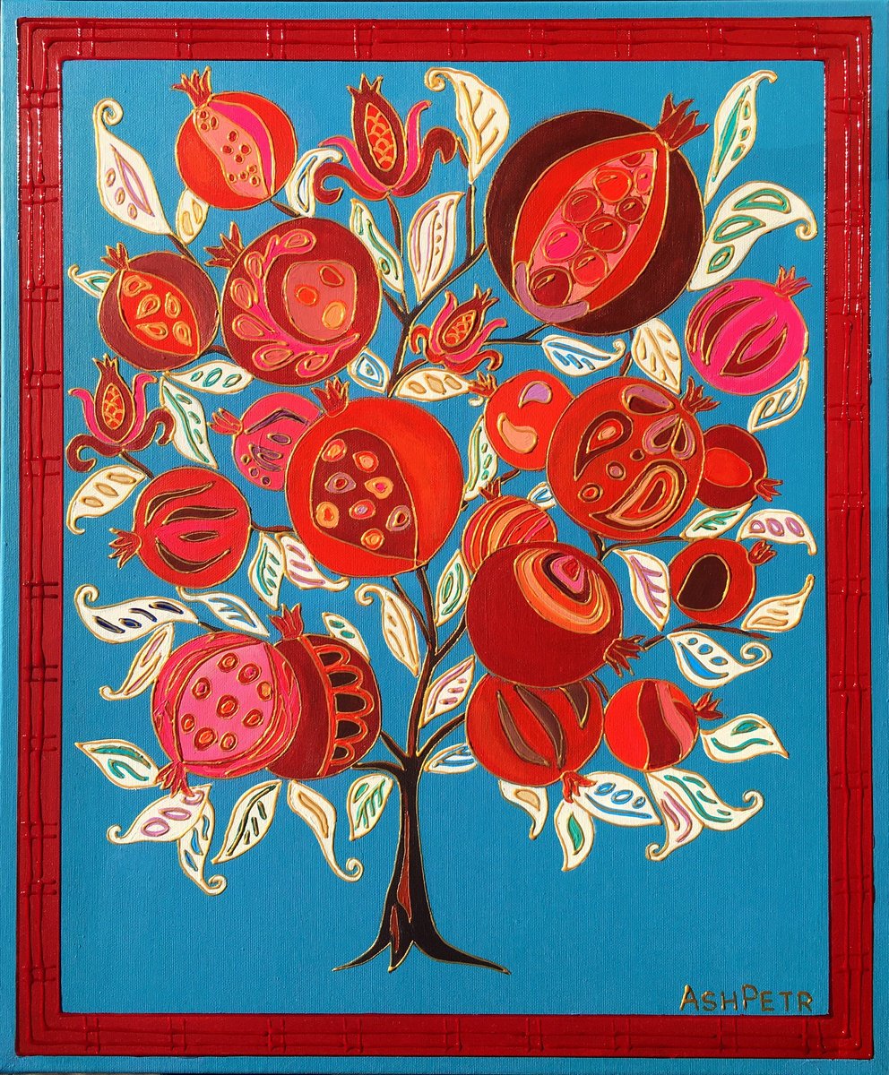 Abstract Acrylic Painting By Ashot Petrosyan, 20 X 24, Pomegranate Tale, Original Artwork