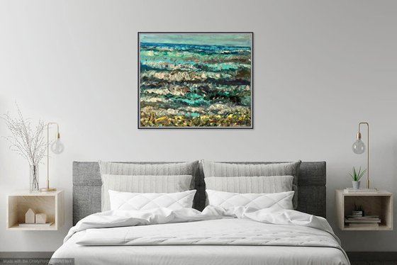 CASPEAN SEA - original oil landscape painting, seascape, beach, seashore, waves, turquoise blue colours 60x70