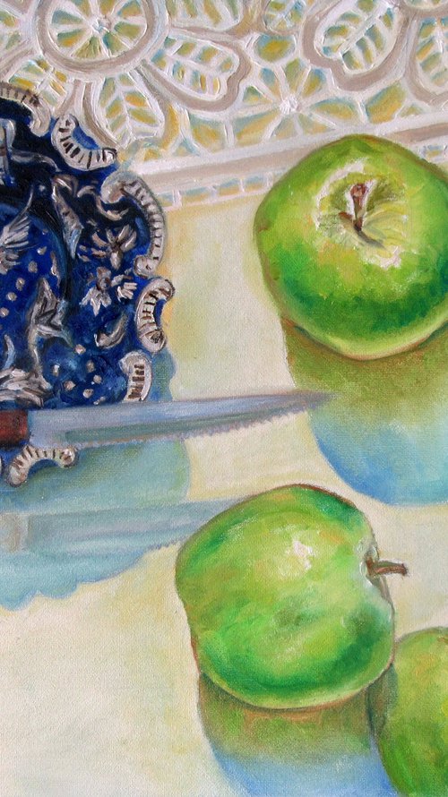 Still life with a plate, apples and a knife Romantic Impressionism (2020) 12x16 in. (30x40 cm) by Katia Ricci