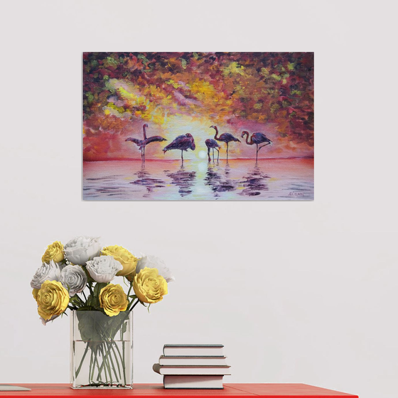 African flamingos at sunrise