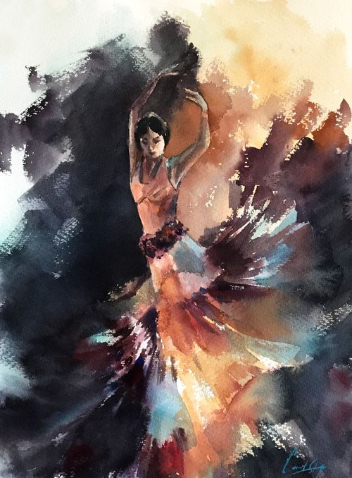 Flamenco Original Watercolor Painting by Sophie Rodionov