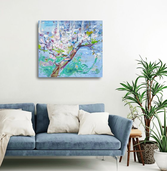 Apple tree blossoms . 70x80 cm. Large spring impressionistic oil painting .