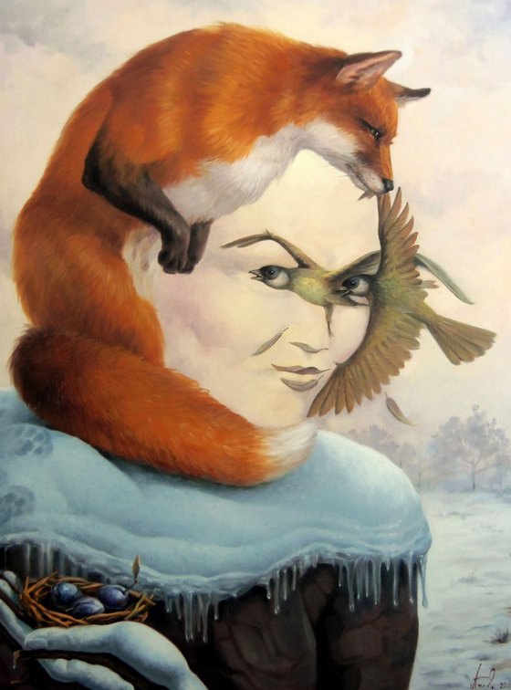The fox 60x80cm, oil painting, surrealistic artwork