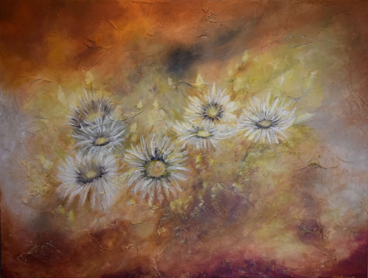 Abstract Botanical Acrylic Painting By Tamara Bettencourt, 48 X 36", Whoopsy Daisies, Original Artwork