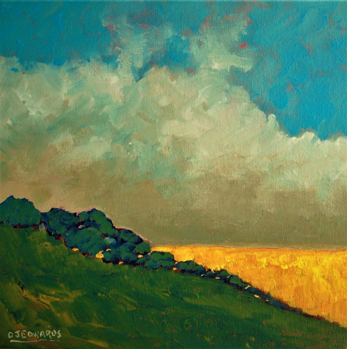 Impressionistic Landscape Acrylic Painting By David J Edwards, 12 X 12, Distant Summer Storm, Original Artwork