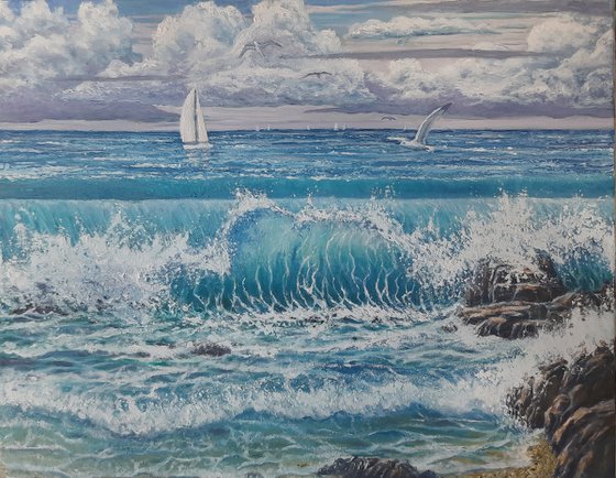 Seascape with gulls and sails.