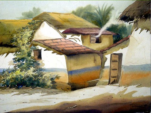 Morning Rural Bengal Village - Watercolor on Paper by Samiran Sarkar