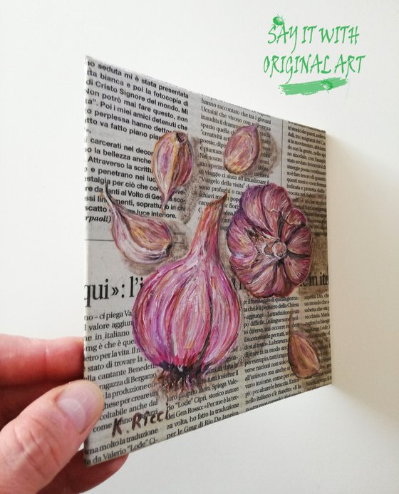 "Garlic Cloves on Newspaper" Original Oil on Canvas Board Painting 6 by 6 inches (15x15 cm)