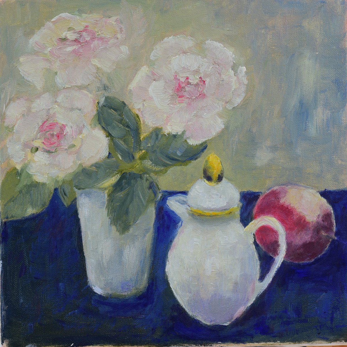 Impressionistic Still Life Oil Painting By Elena Zapassky, 14 X 14, Pale Roses, Original Artwork