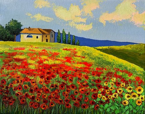 Tuscan landscape! Red poppy and sunflowers field! Ready to hang by Amita Dand