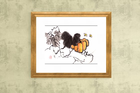 Pumpkin and two bees - Pumpkin series No. 02 - Oriental Chinese Ink Painting