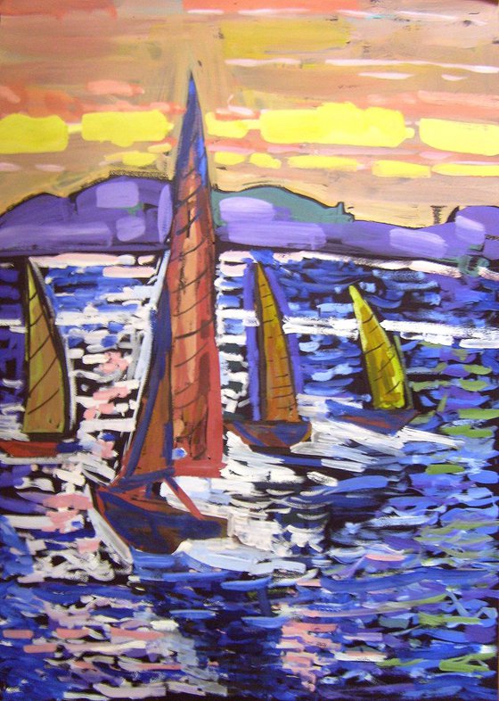Yachts, original gouache painting 50x70 cm