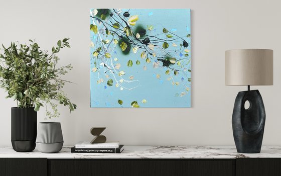 Structure impasto acrylic painting with abstract flowers 50x50cm "Small Pistachio"