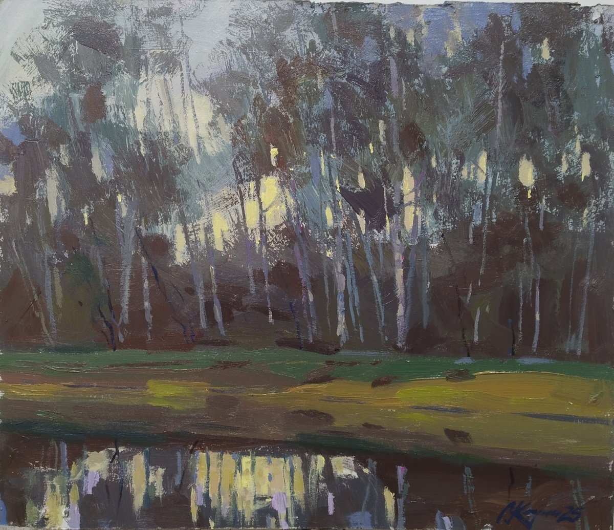 Impressionistic Landscape Acrylic Painting By Sergey Kachin, 22 X 20", Spring Evening, Original Artwork