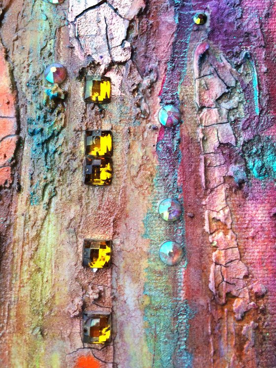 Texture Abstract Painting The Golden Gate, Red and Gold, crackles, big canvas, Sparkles, vertical canvas, twig, Mixed media, glass wall.